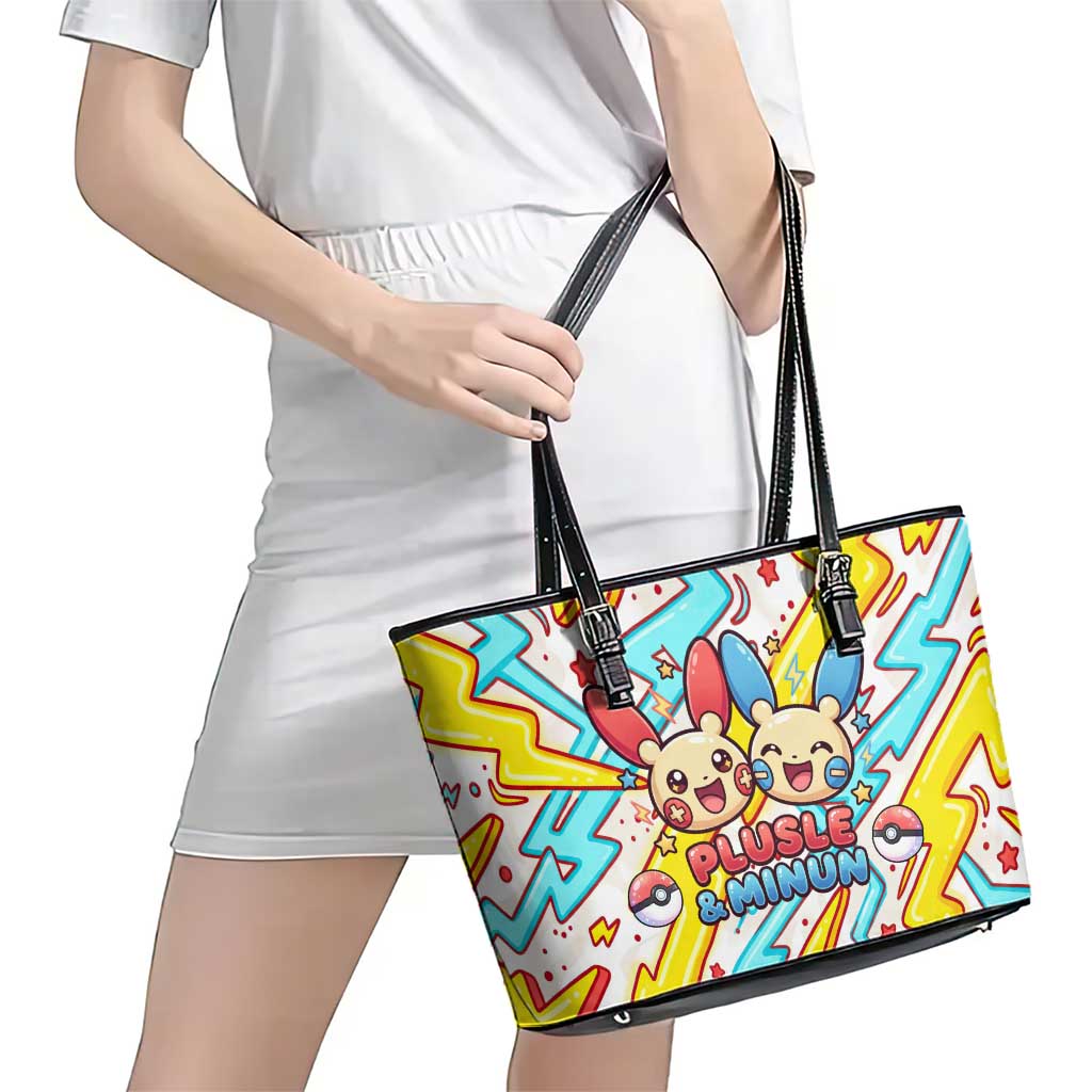 Plusle & Minun Leather Tote Bag Colorful Kawaii Lightning Pop Art