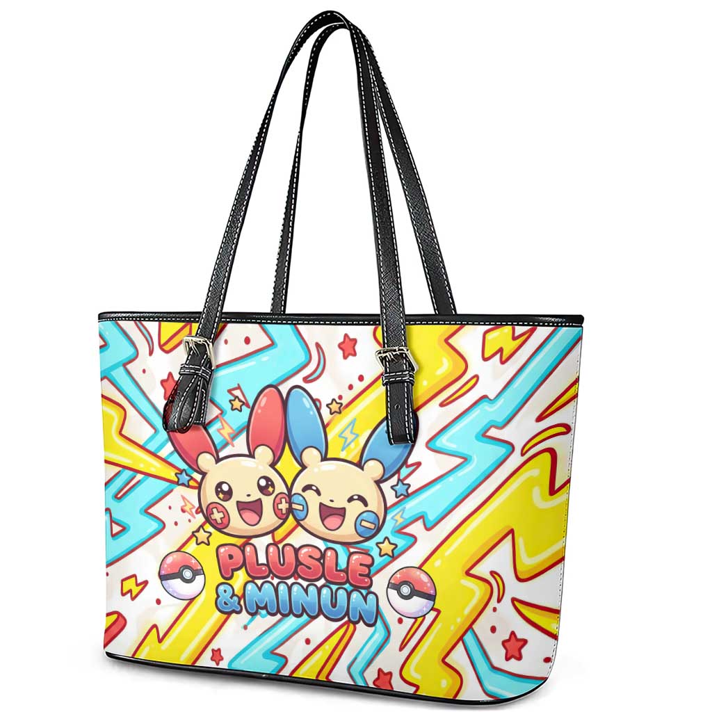 Plusle & Minun Leather Tote Bag Colorful Kawaii Lightning Pop Art
