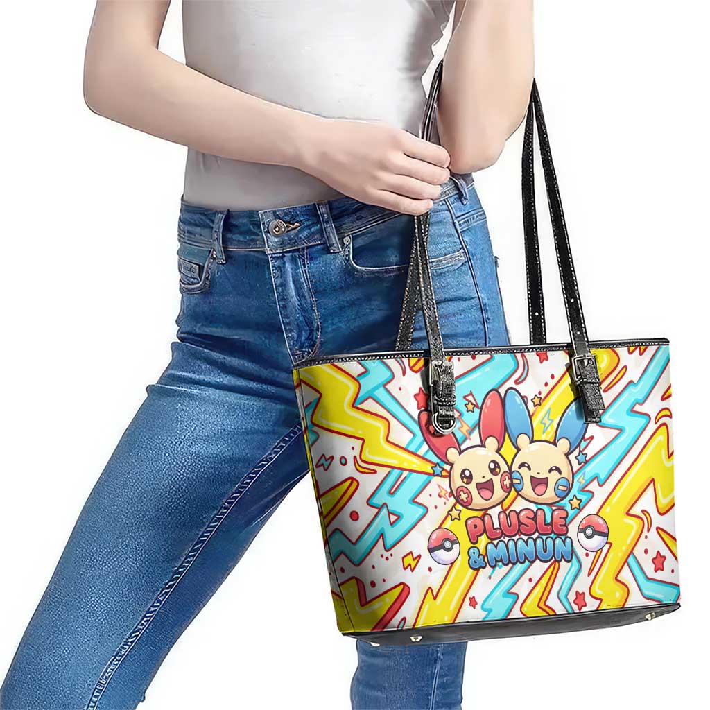Plusle & Minun Leather Tote Bag Colorful Kawaii Lightning Pop Art