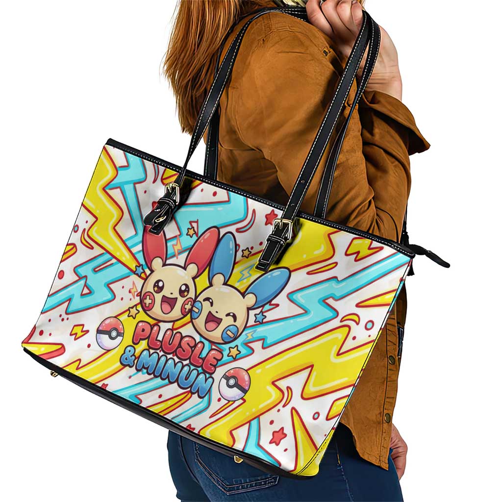 Plusle & Minun Leather Tote Bag Colorful Kawaii Lightning Pop Art