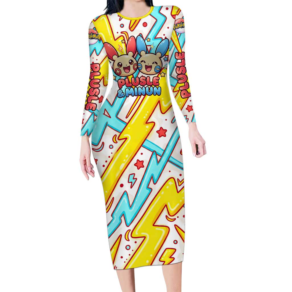 Plusle & Minun Long Sleeve Bodycon Dress Colorful Kawaii Lightning Pop Art
