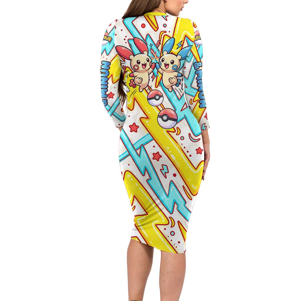 Plusle & Minun Long Sleeve Bodycon Dress Colorful Kawaii Lightning Pop Art