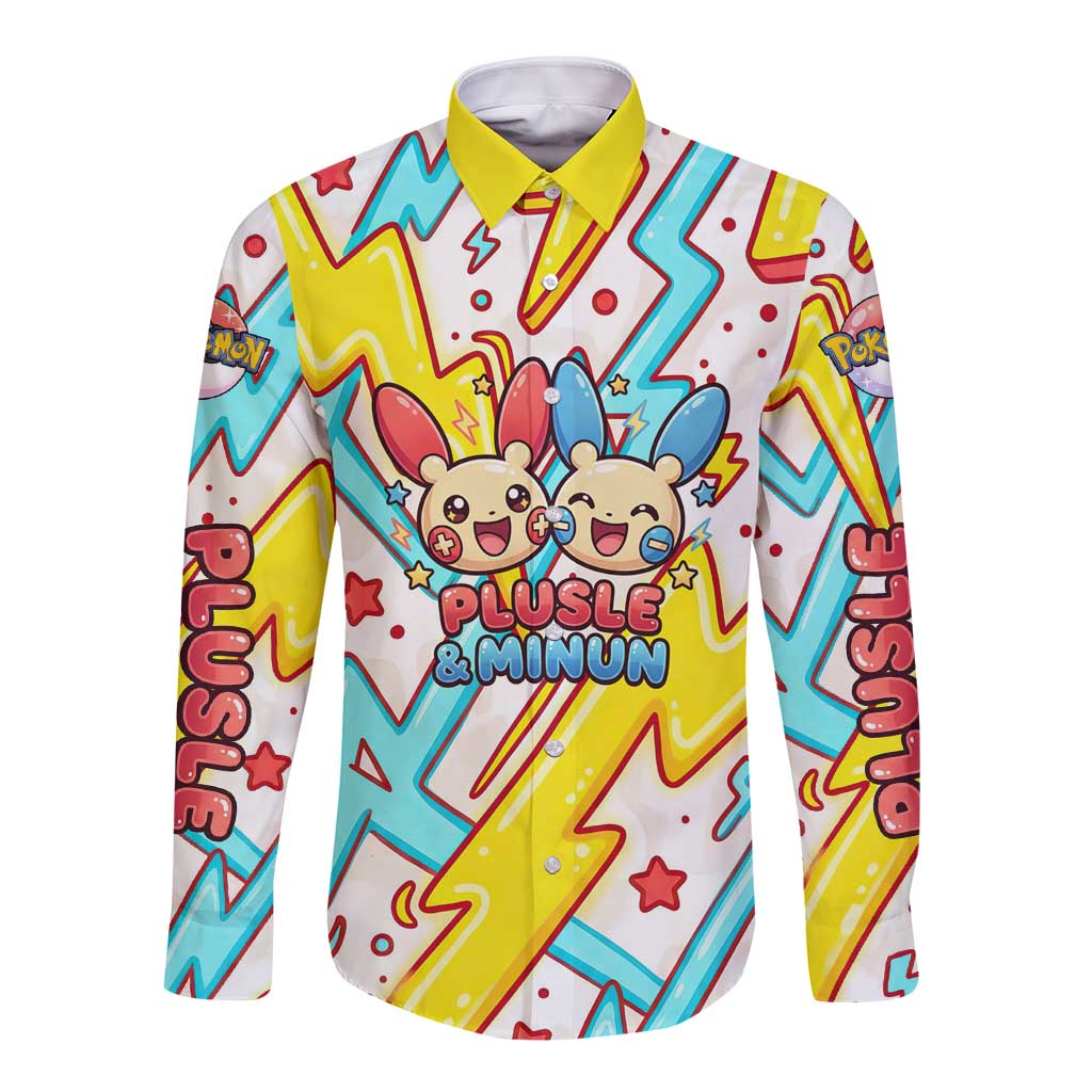 Plusle & Minun Long Sleeve Button Shirt Colorful Kawaii Lightning Pop Art