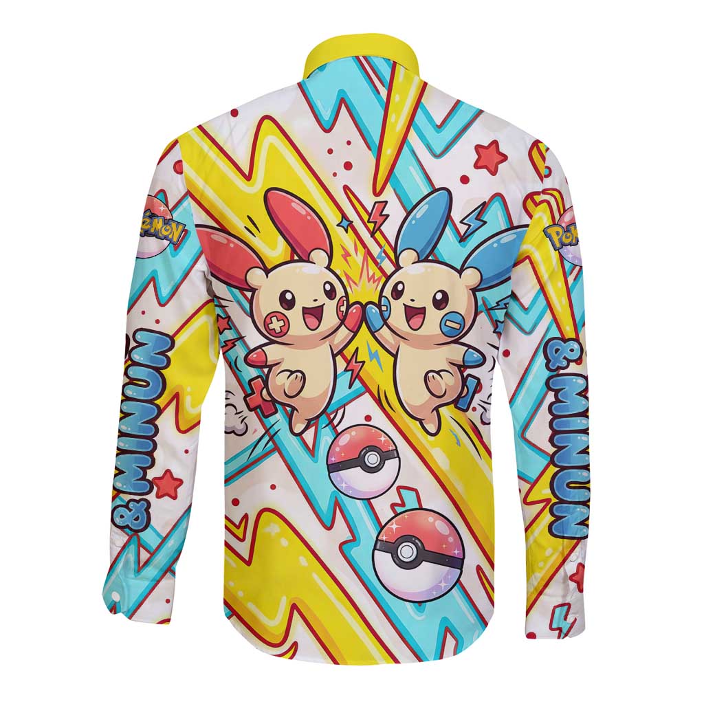 Plusle & Minun Long Sleeve Button Shirt Colorful Kawaii Lightning Pop Art