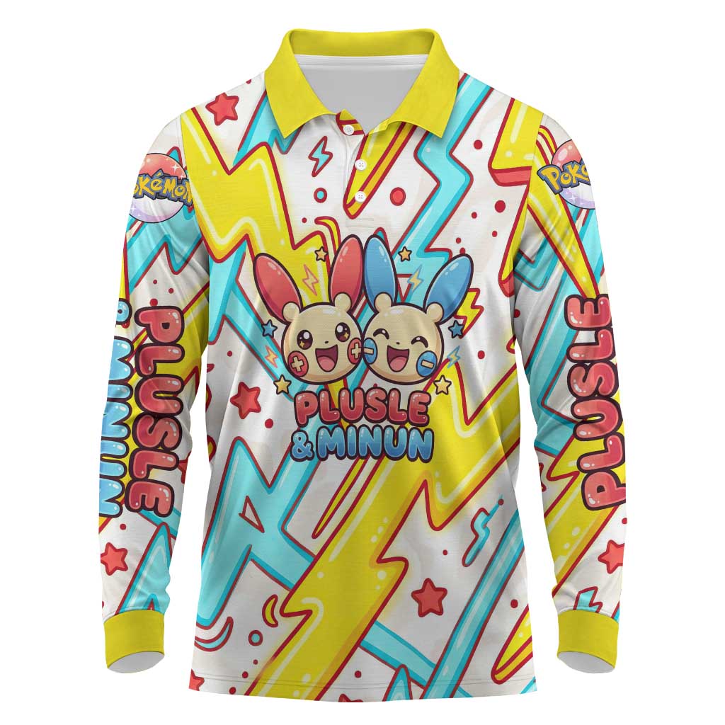 Plusle & Minun Long Sleeve Polo Shirt Colorful Kawaii Lightning Pop Art