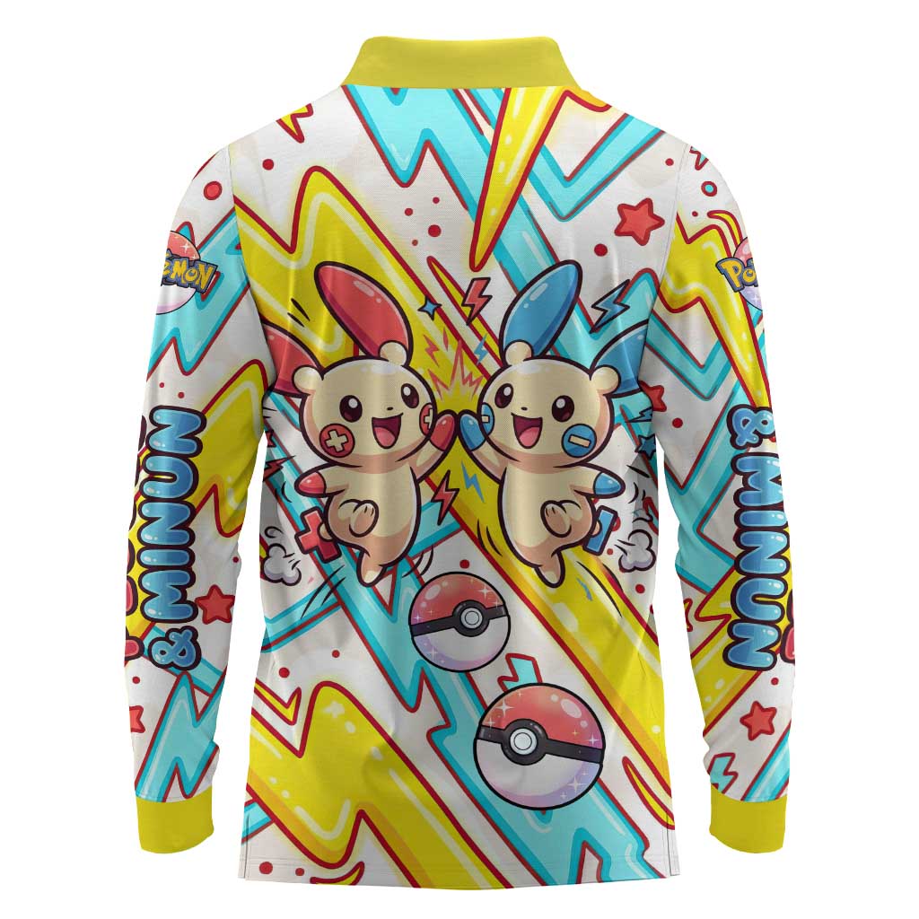 Plusle & Minun Long Sleeve Polo Shirt Colorful Kawaii Lightning Pop Art