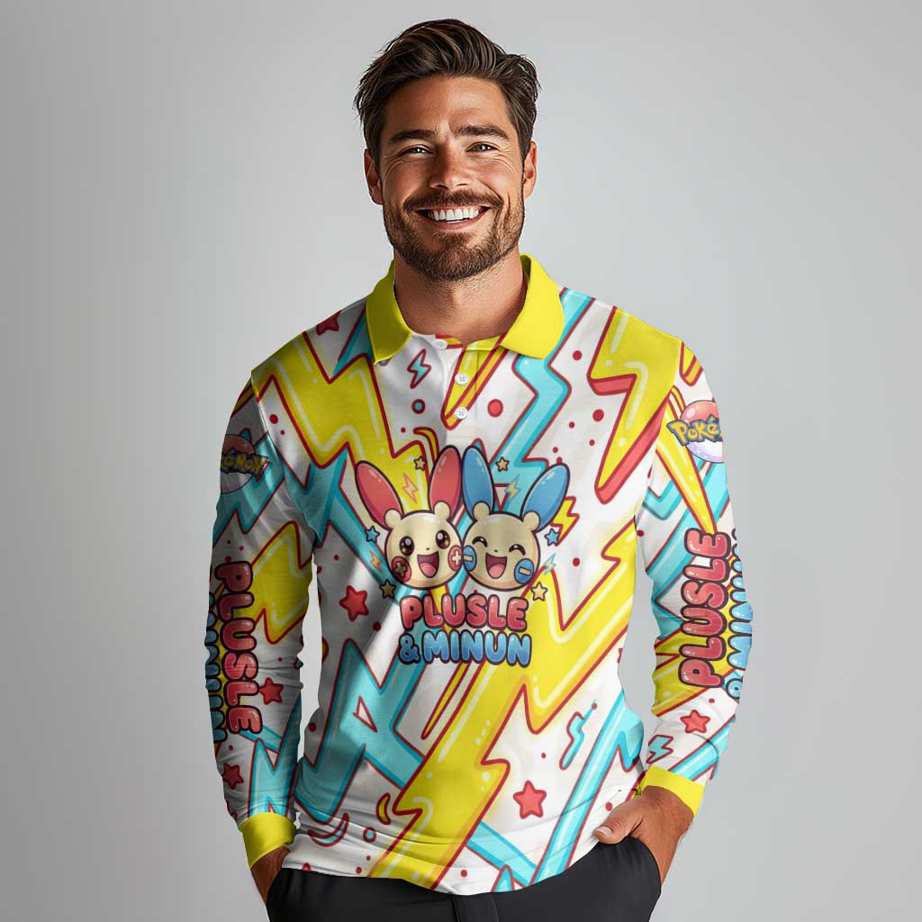 Plusle & Minun Long Sleeve Polo Shirt Colorful Kawaii Lightning Pop Art