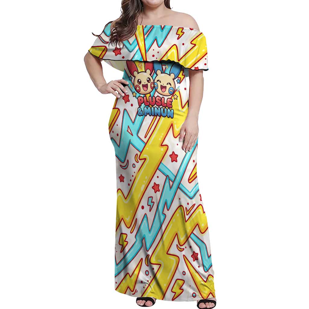 Plusle & Minun Off Shoulder Maxi Dress Colorful Kawaii Lightning Pop Art