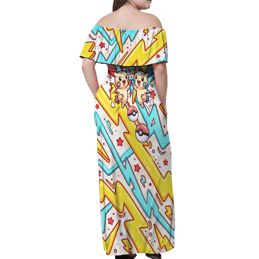 Plusle & Minun Off Shoulder Maxi Dress Colorful Kawaii Lightning Pop Art
