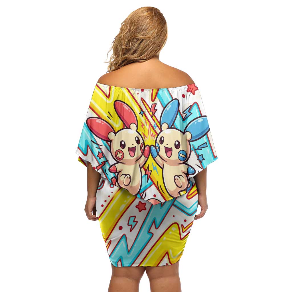 Plusle & Minun Off Shoulder Short Dress Colorful Kawaii Lightning Pop Art