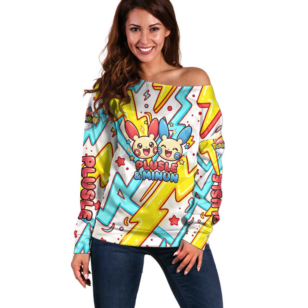 Plusle & Minun Off Shoulder Sweater Colorful Kawaii Lightning Pop Art