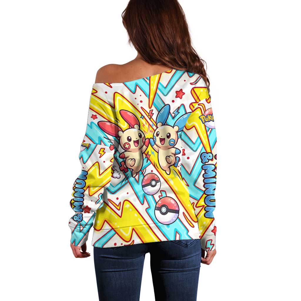 Plusle & Minun Off Shoulder Sweater Colorful Kawaii Lightning Pop Art