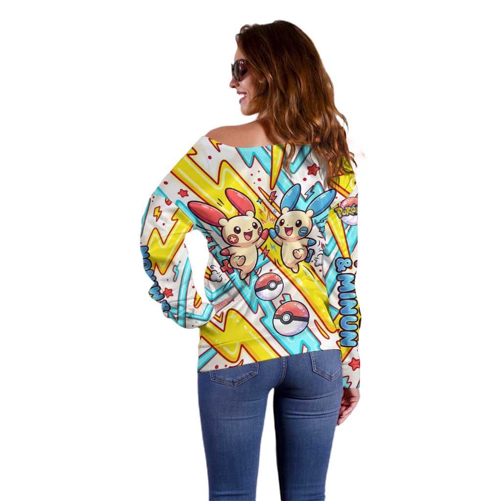Plusle & Minun Off Shoulder Sweater Colorful Kawaii Lightning Pop Art