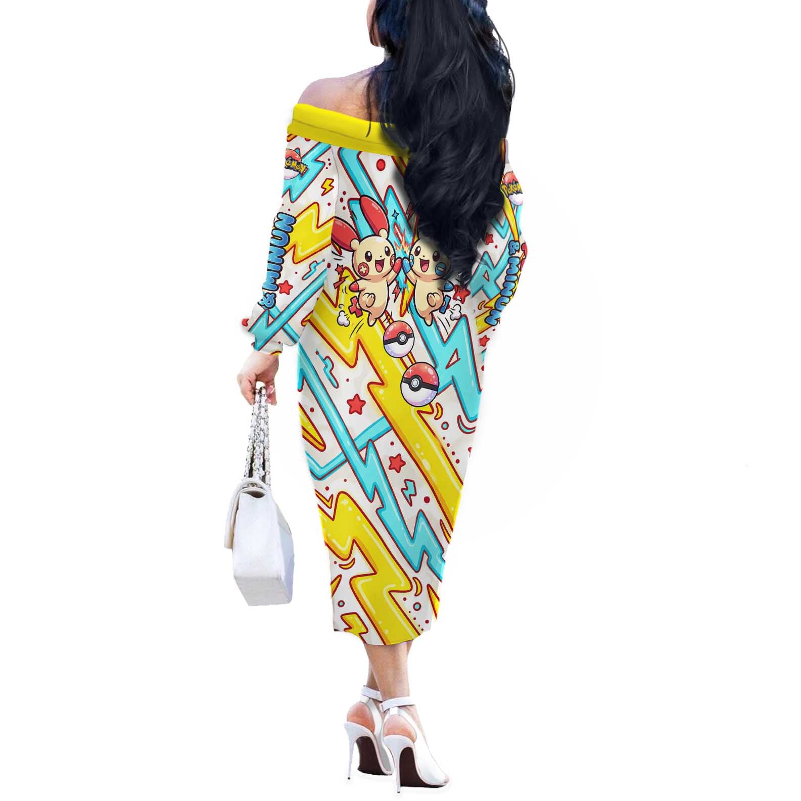 Plusle & Minun Off The Shoulder Long Sleeve Dress Colorful Kawaii Lightning Pop Art