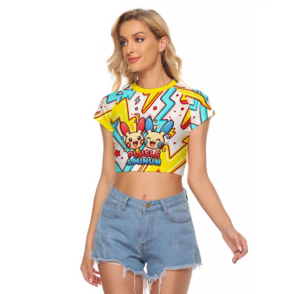 Plusle & Minun Raglan Cropped T Shirt Colorful Kawaii Lightning Pop Art