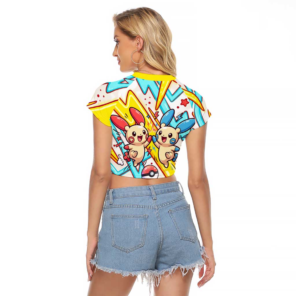 Plusle & Minun Raglan Cropped T Shirt Colorful Kawaii Lightning Pop Art