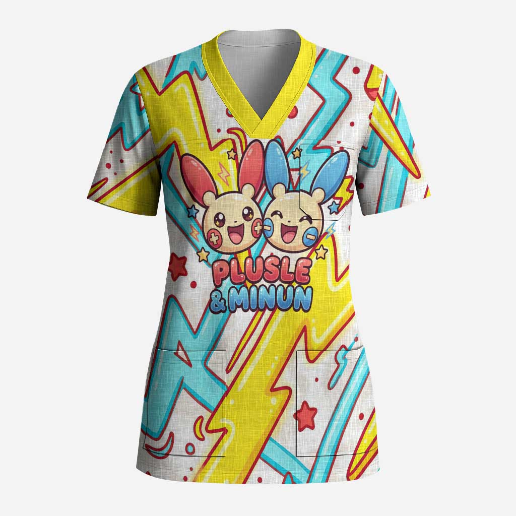 Plusle & Minun Scrub Top Colorful Kawaii Lightning Pop Art