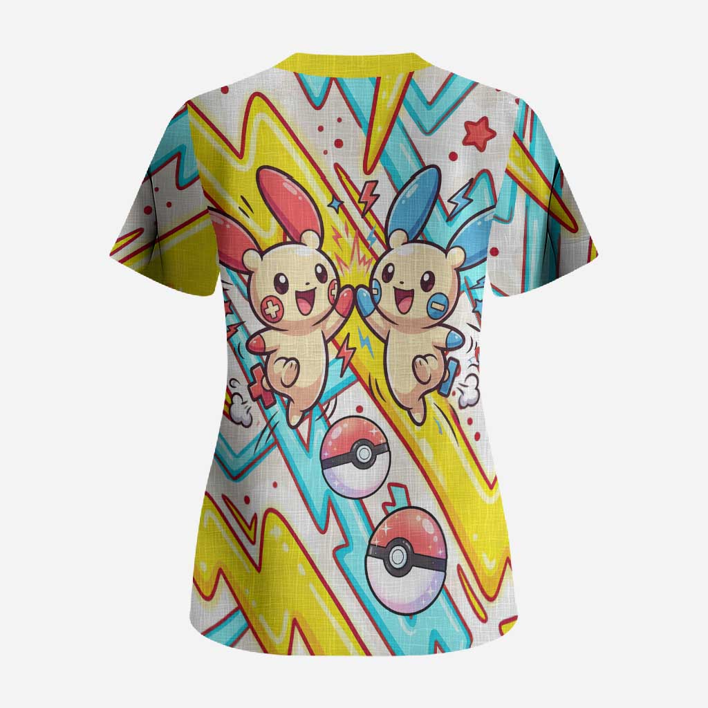 Plusle & Minun Scrub Top Colorful Kawaii Lightning Pop Art