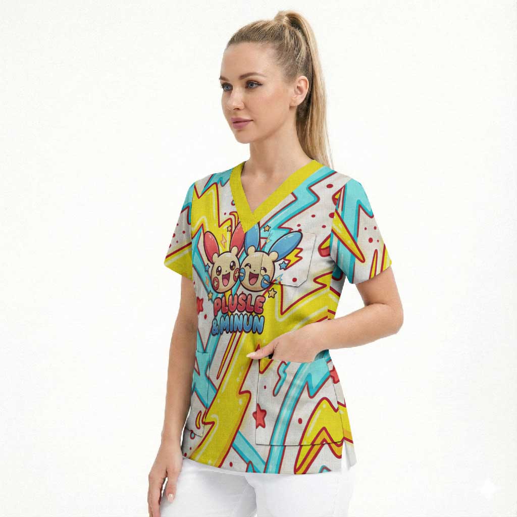 Plusle & Minun Scrub Top Colorful Kawaii Lightning Pop Art