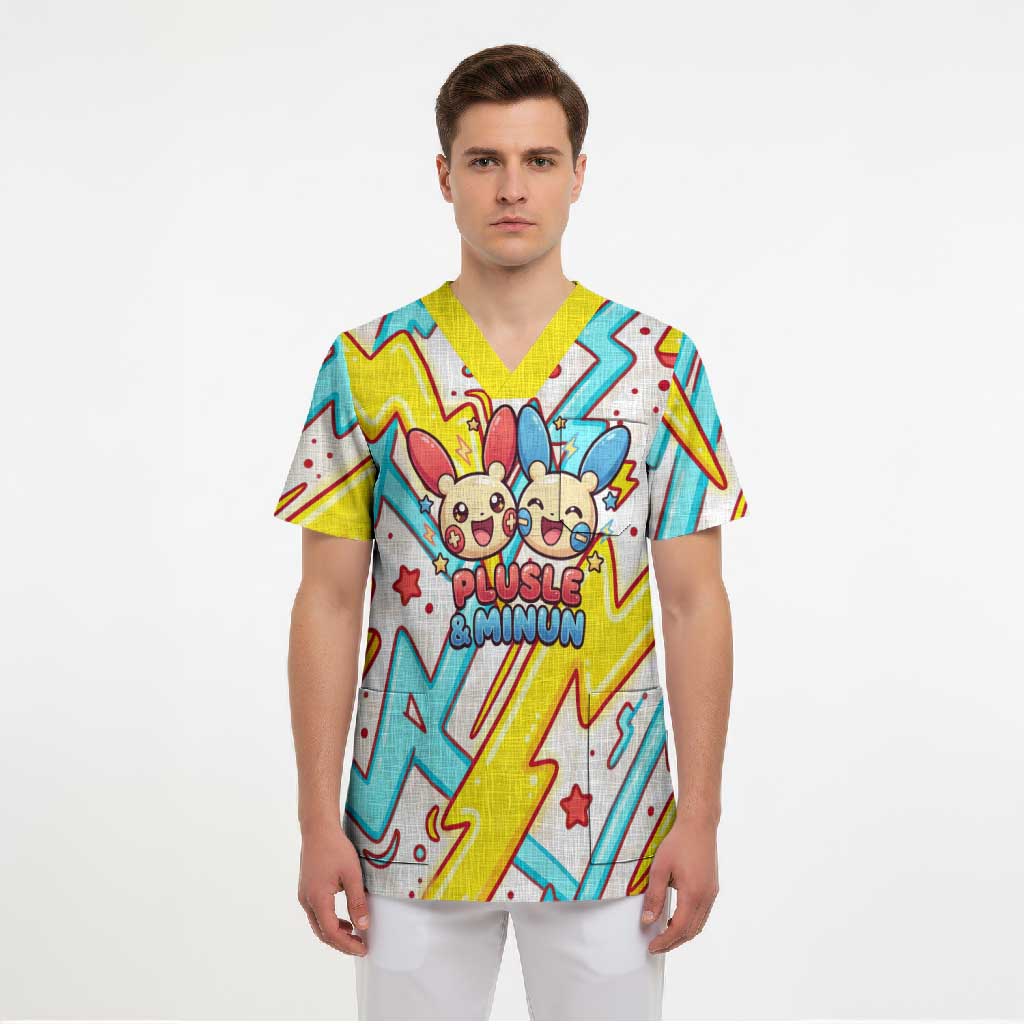 Plusle & Minun Scrub Top Colorful Kawaii Lightning Pop Art
