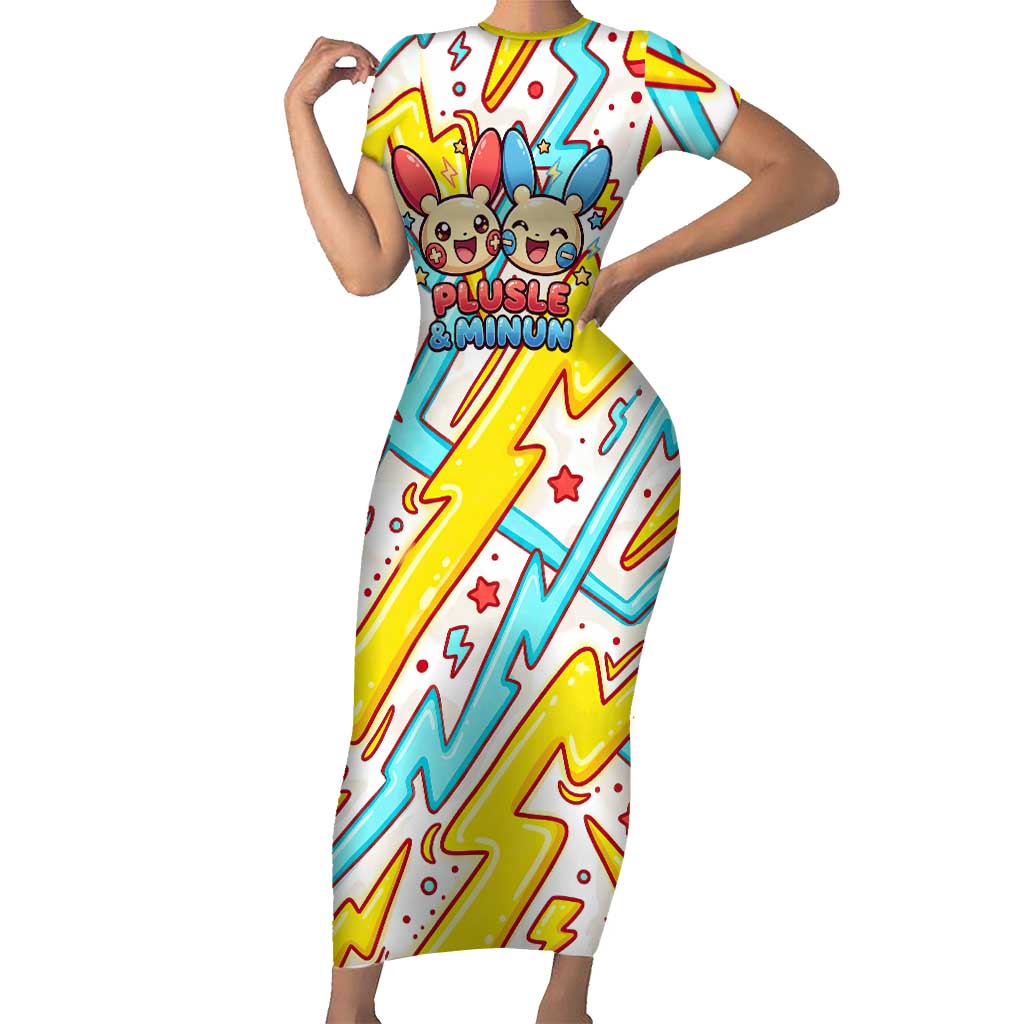 Plusle & Minun Short Sleeve Bodycon Dress Colorful Kawaii Lightning Pop Art