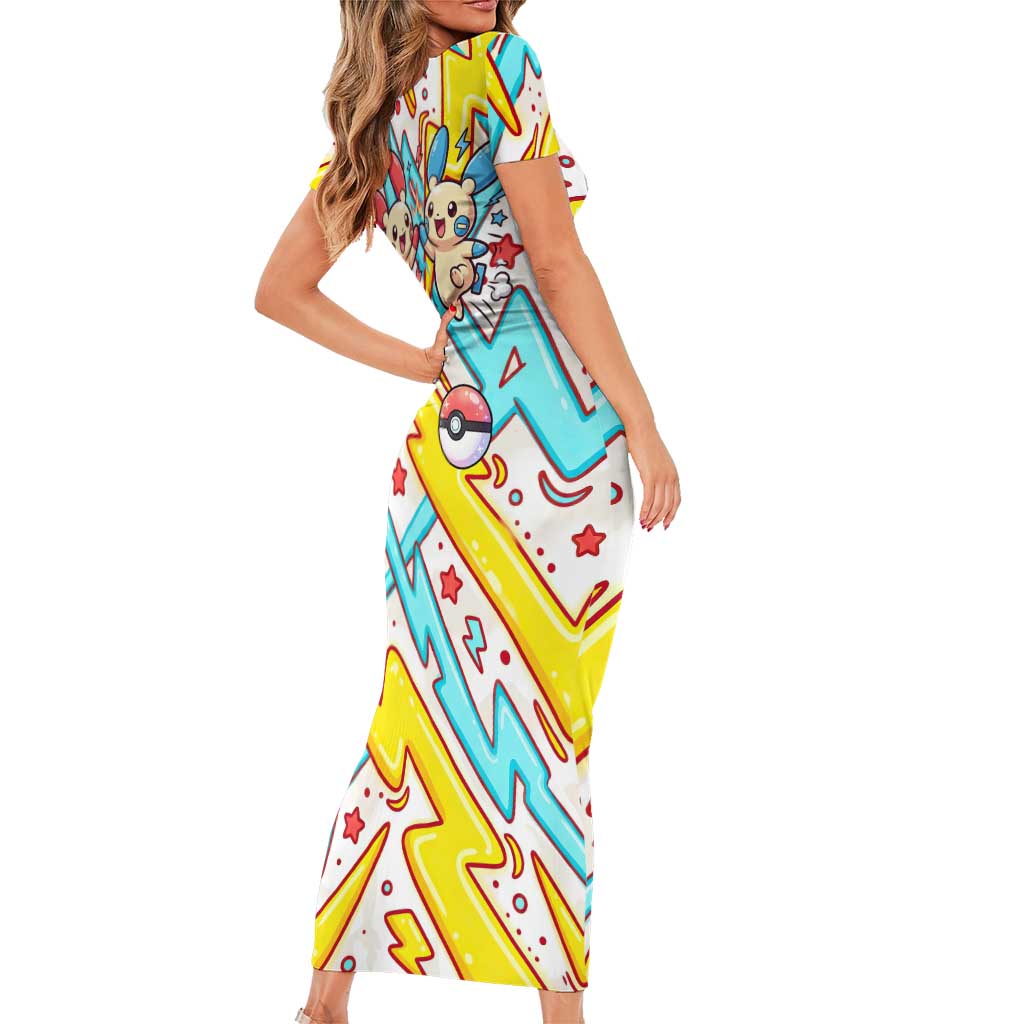 Plusle & Minun Short Sleeve Bodycon Dress Colorful Kawaii Lightning Pop Art