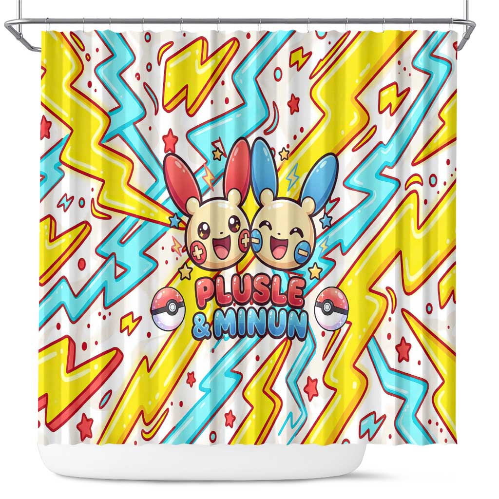Plusle & Minun Shower Curtain Colorful Kawaii Lightning Pop Art