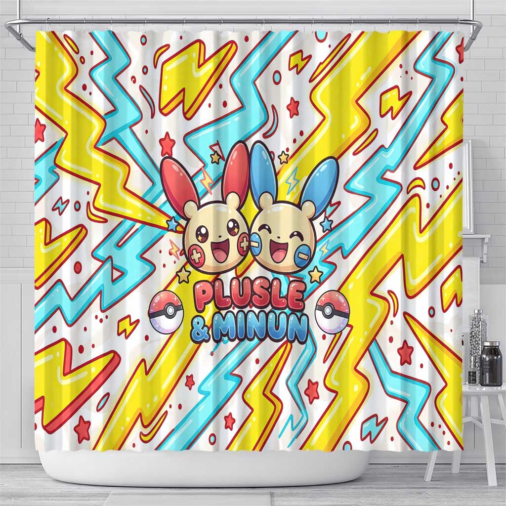 Plusle & Minun Shower Curtain Colorful Kawaii Lightning Pop Art