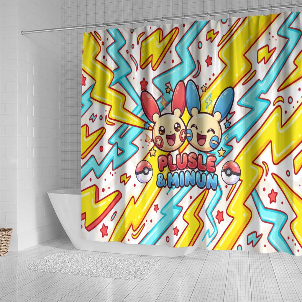 Plusle & Minun Shower Curtain Colorful Kawaii Lightning Pop Art