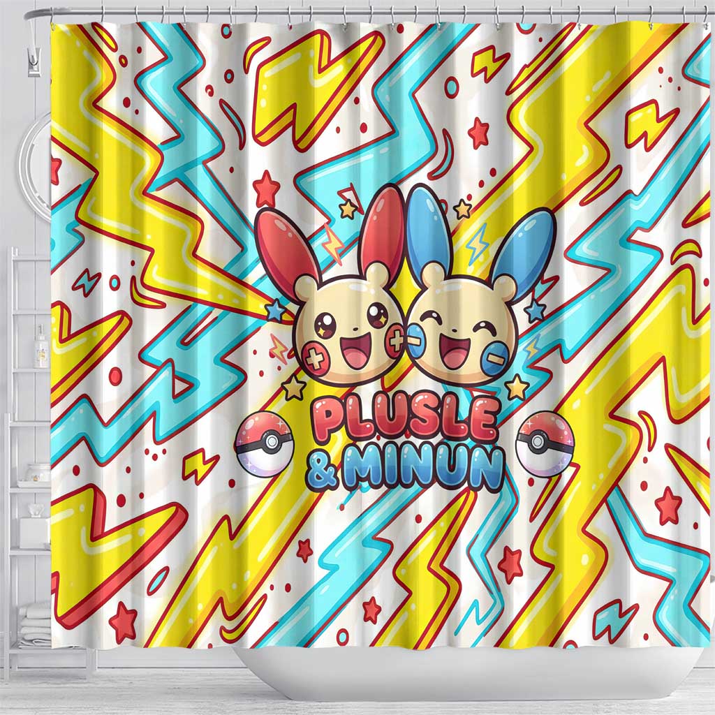 Plusle & Minun Shower Curtain Colorful Kawaii Lightning Pop Art