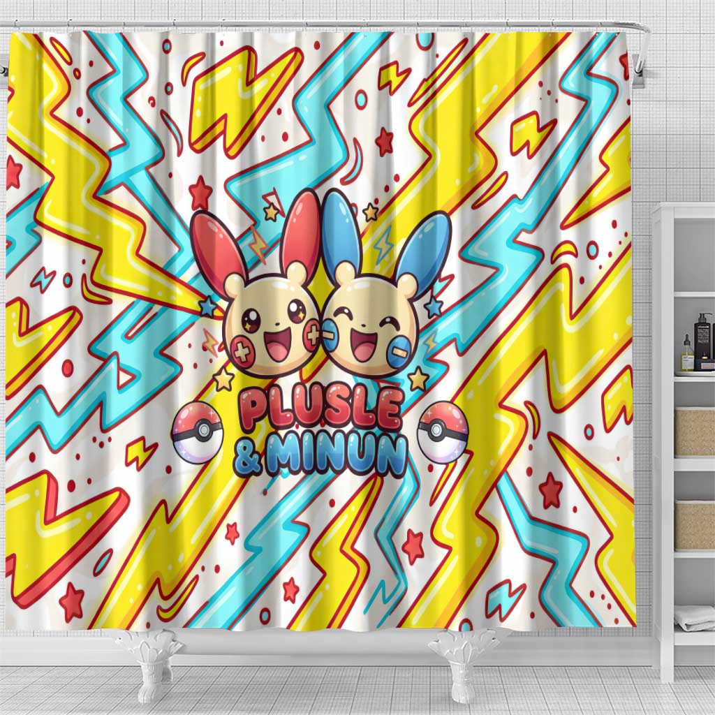 Plusle & Minun Shower Curtain Colorful Kawaii Lightning Pop Art