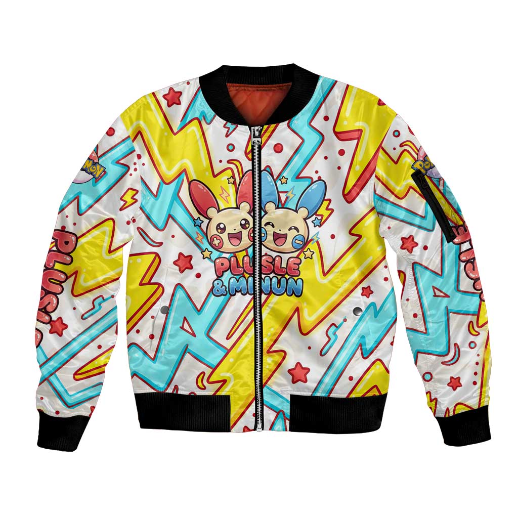 Plusle & Minun Sleeve Zip Bomber Jacket Colorful Kawaii Lightning Pop Art