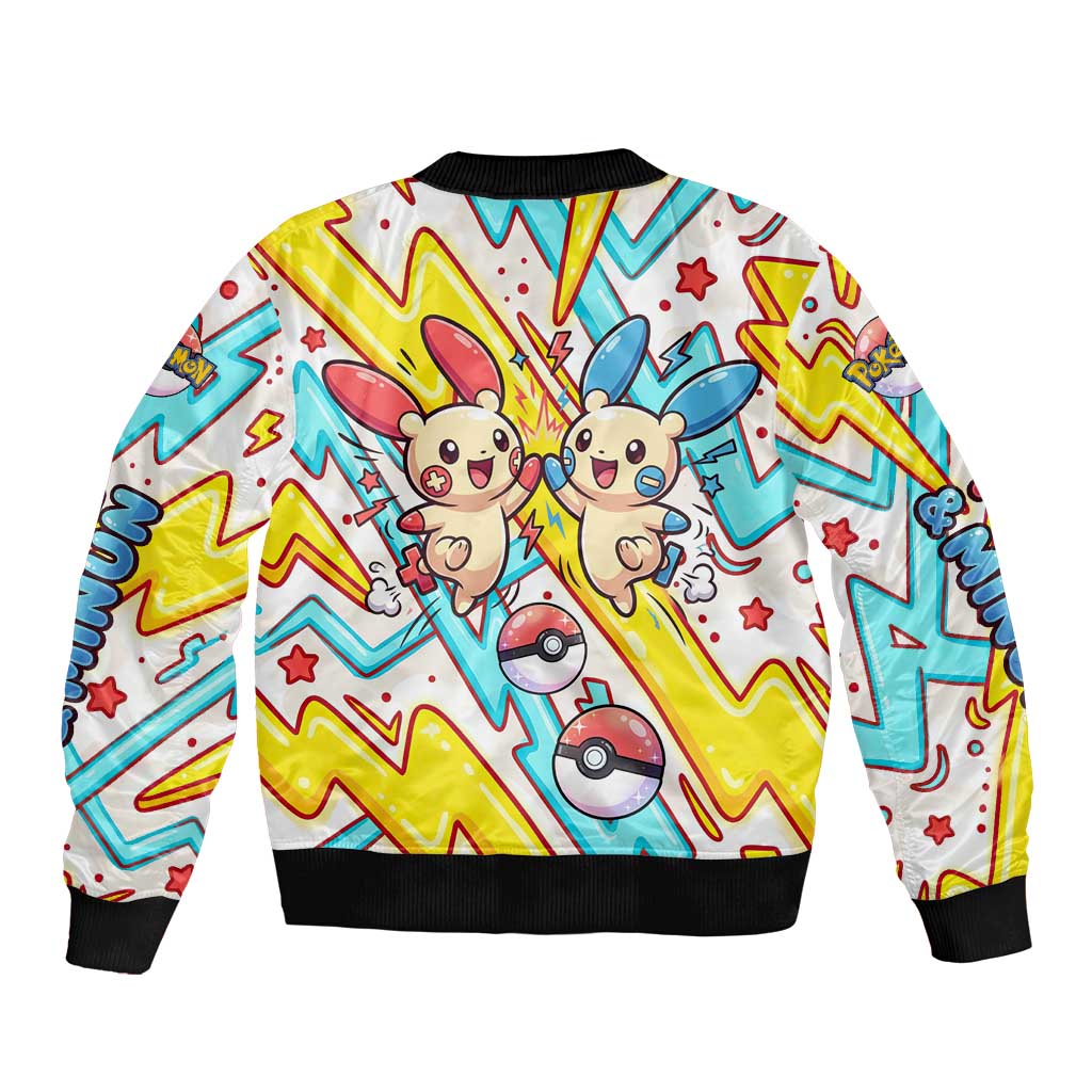 Plusle & Minun Sleeve Zip Bomber Jacket Colorful Kawaii Lightning Pop Art