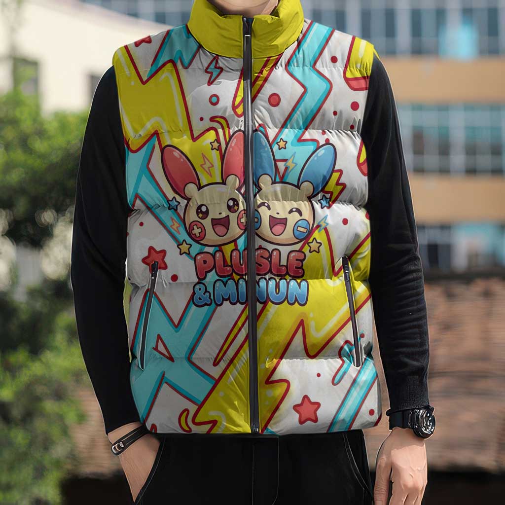 Plusle & Minun Sleeveless Puffer Jacket Colorful Kawaii Lightning Pop Art