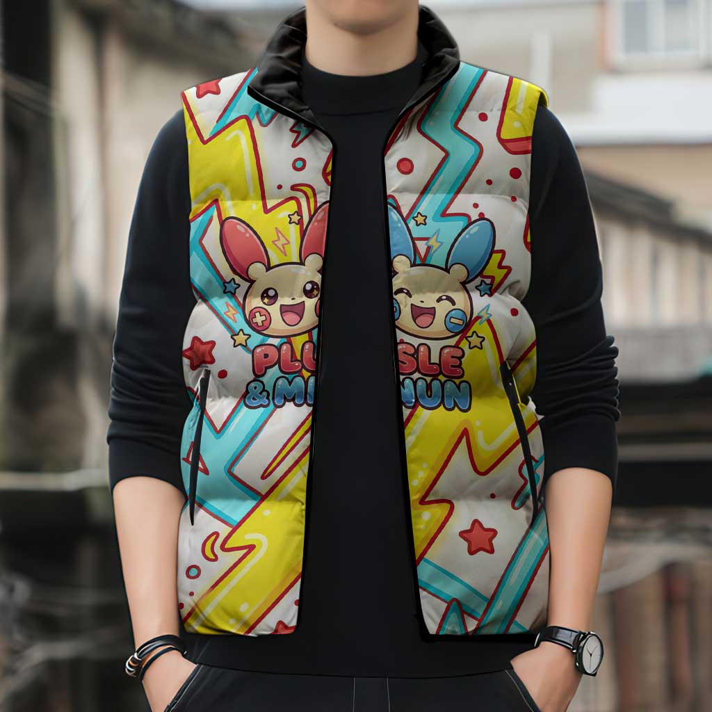 Plusle & Minun Sleeveless Puffer Jacket Colorful Kawaii Lightning Pop Art