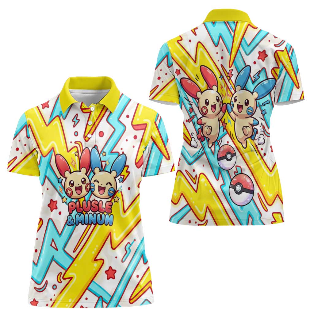 Plusle & Minun Women Polo Shirt Colorful Kawaii Lightning Pop Art