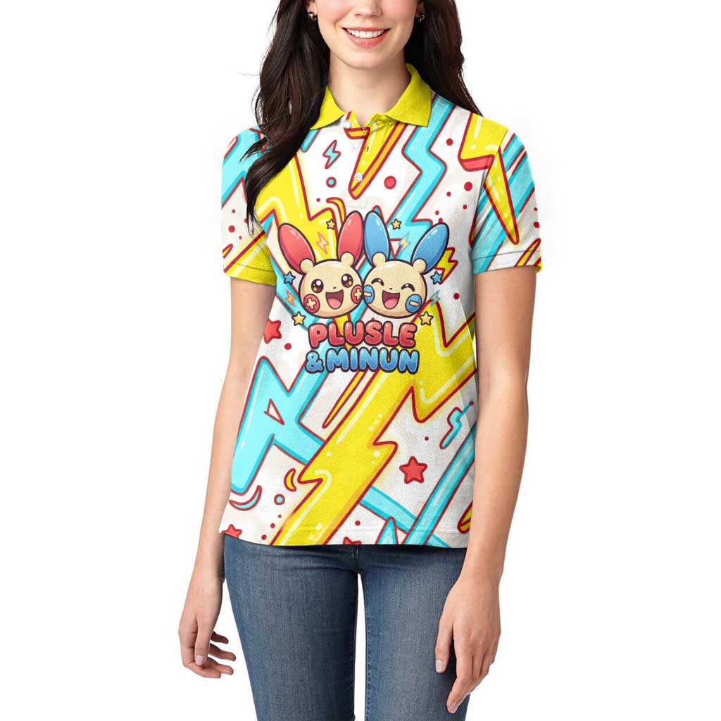 Plusle & Minun Women Polo Shirt Colorful Kawaii Lightning Pop Art