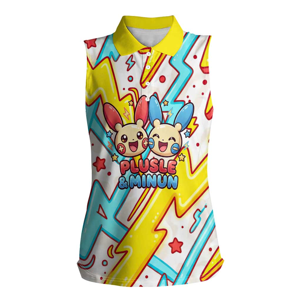 Plusle & Minun Women Sleeveless Polo Shirt Colorful Kawaii Lightning Pop Art