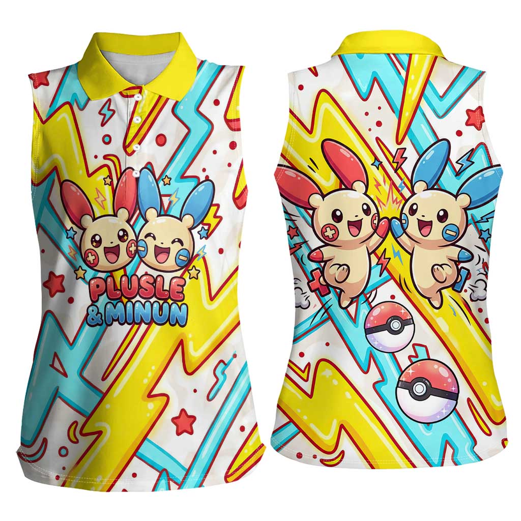 Plusle & Minun Women Sleeveless Polo Shirt Colorful Kawaii Lightning Pop Art