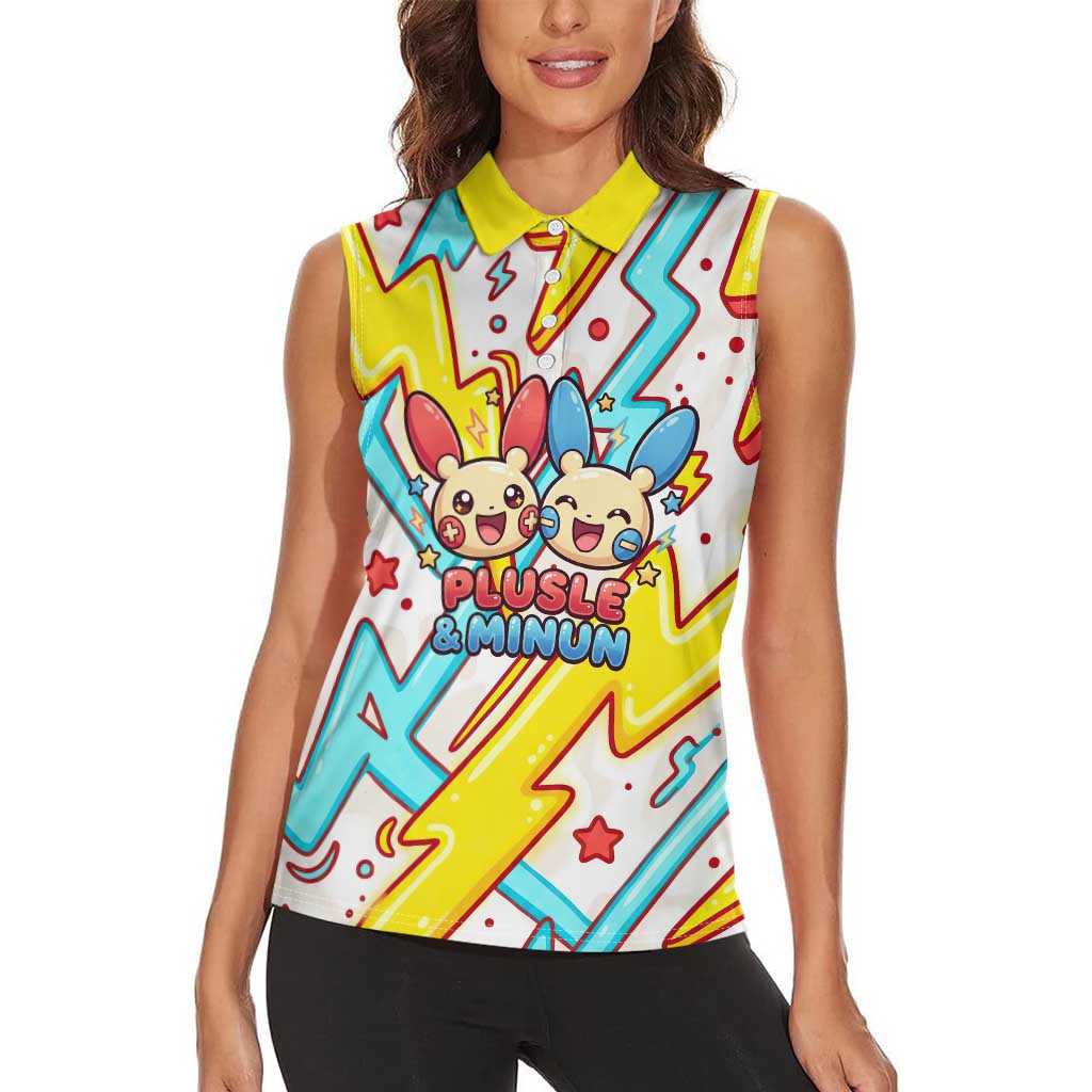 Plusle & Minun Women Sleeveless Polo Shirt Colorful Kawaii Lightning Pop Art