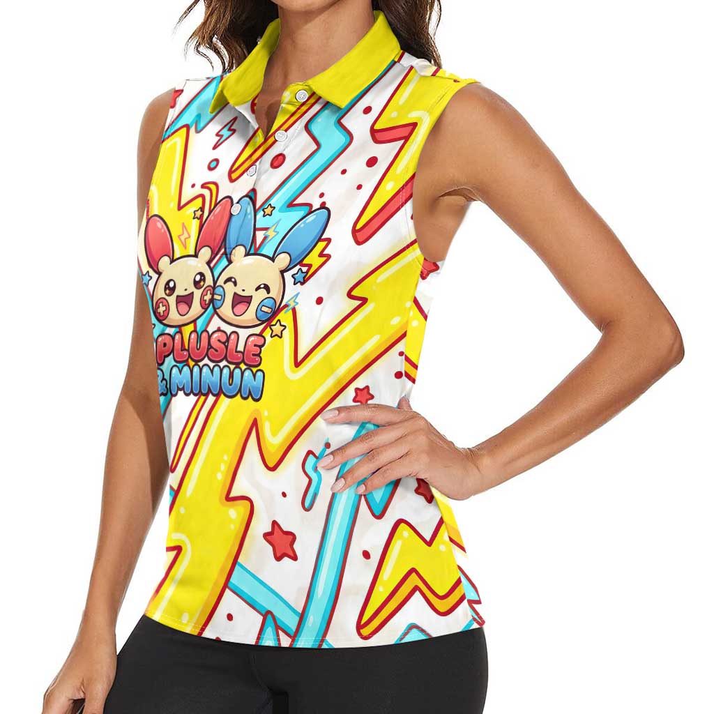 Plusle & Minun Women Sleeveless Polo Shirt Colorful Kawaii Lightning Pop Art