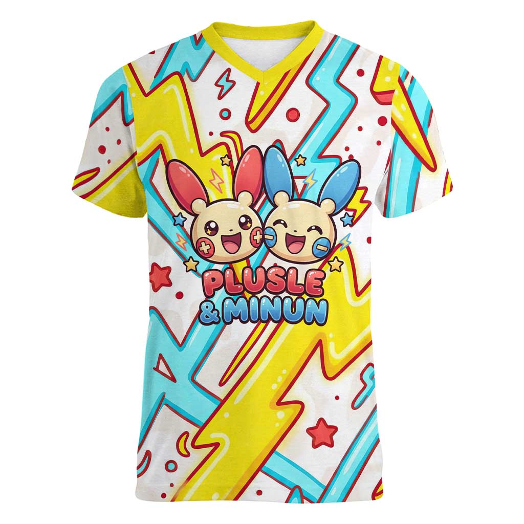 Plusle & Minun Women V-Neck T-Shirt Colorful Kawaii Lightning Pop Art
