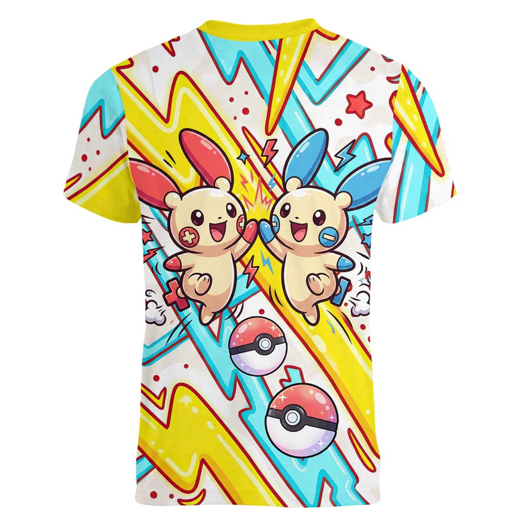 Plusle & Minun Women V-Neck T-Shirt Colorful Kawaii Lightning Pop Art