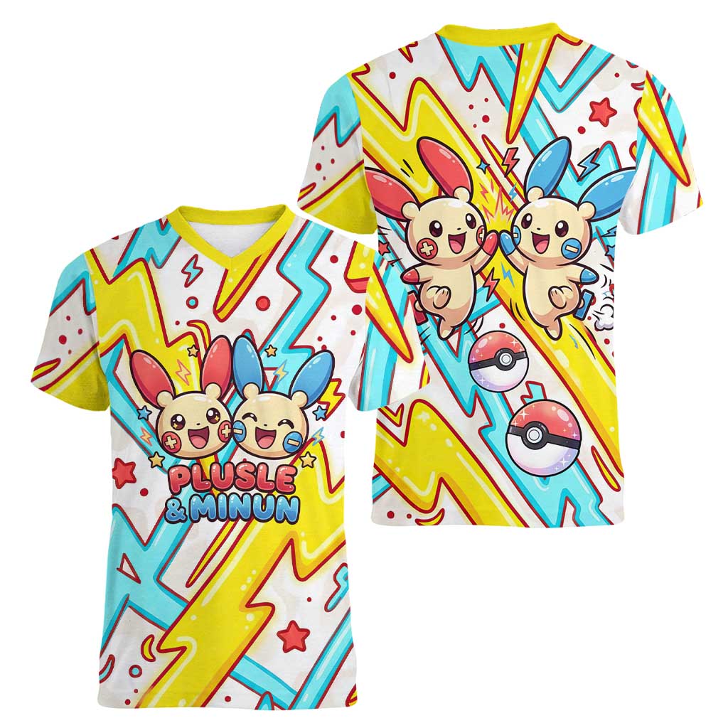 Plusle & Minun Women V-Neck T-Shirt Colorful Kawaii Lightning Pop Art