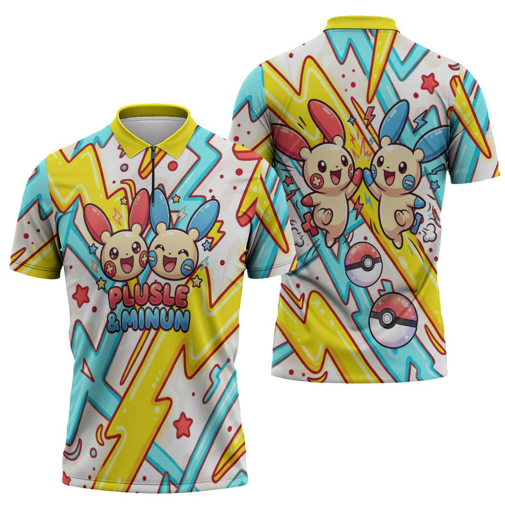 Plusle & Minun Zipper Polo Shirt Colorful Kawaii Lightning Pop Art