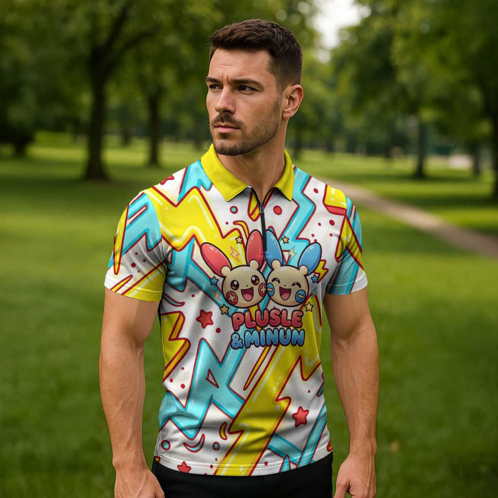 Plusle & Minun Zipper Polo Shirt Colorful Kawaii Lightning Pop Art