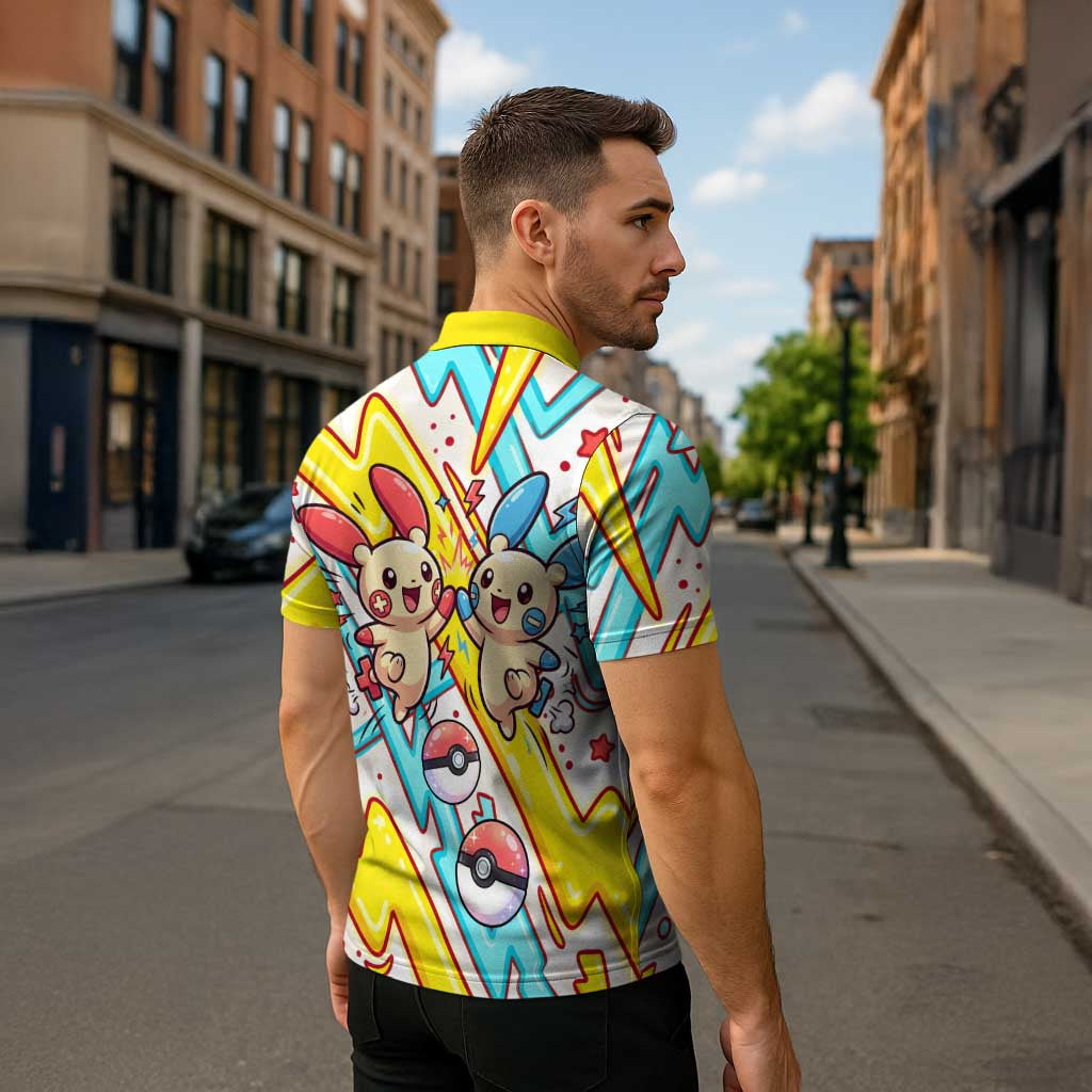 Plusle & Minun Zipper Polo Shirt Colorful Kawaii Lightning Pop Art