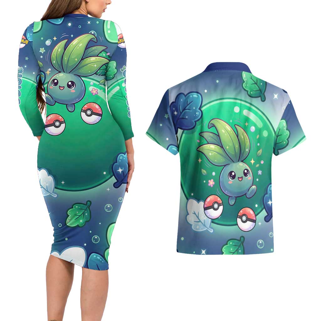Oddish Couples Matching Long Sleeve Bodycon Dress and Hawaiian Shirt Whimsical Kawaii Botanical Fantasy