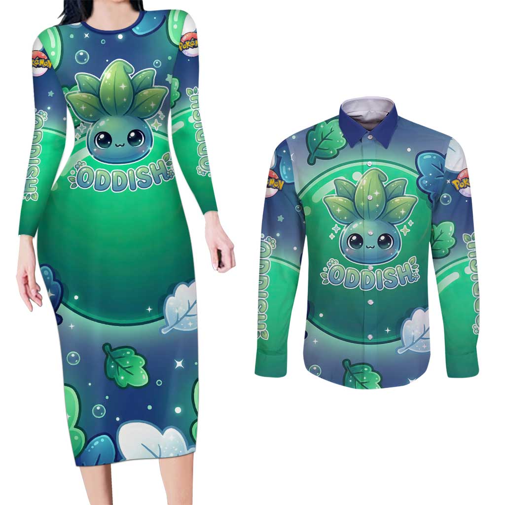 Oddish Couples Matching Long Sleeve Bodycon Dress and Long Sleeve Button Shirt Whimsical Kawaii Botanical Fantasy