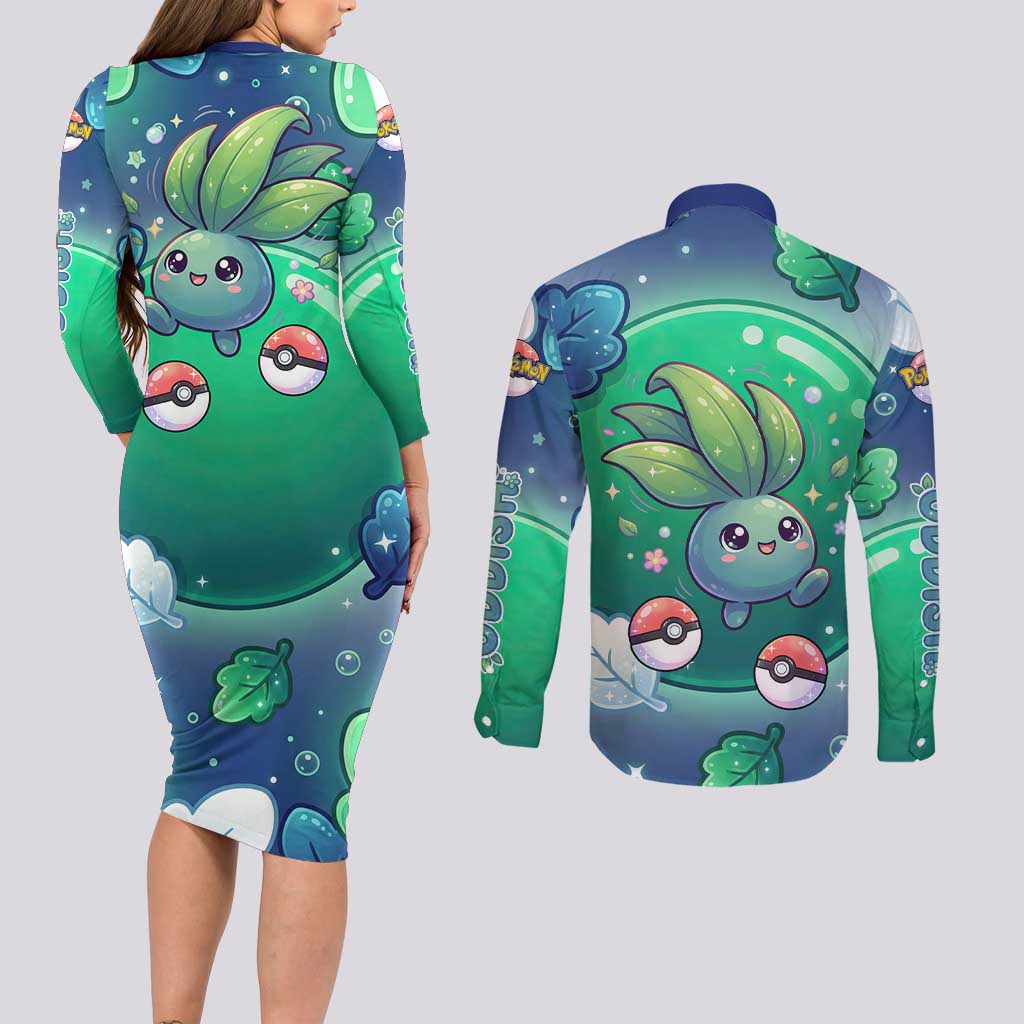 Oddish Couples Matching Long Sleeve Bodycon Dress and Long Sleeve Button Shirt Whimsical Kawaii Botanical Fantasy